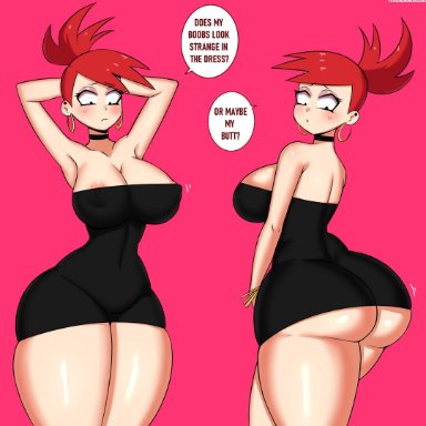 1girls, ass, big ass, blush, breasts, cleavage, drunkavocado, female, female only, foster's home for imaginary friends, frankie foster, huge breasts, solo, speech bubble, text