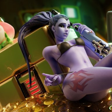 1girls, 3d, blender, breasts, cleavage, female, female only, fireboxstudio, looking at viewer, overwatch, solo, widowmaker