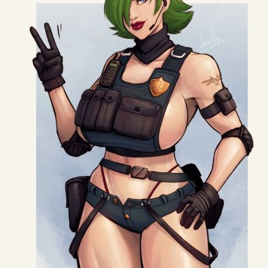 bulletproof vest, devil hs, elbow pads, eyebrow piercing, gloves, green hair, hair over one eye, headset, large breasts, peace sign, police badge, short jeans, short shorts, shorts, simple background