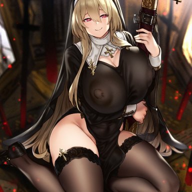 1futa, 1girls, areolae, breasts, female, female only, futanari, houtengeki, huge breasts, looking at viewer, nipples, nun, see-through, solo, thighhighs