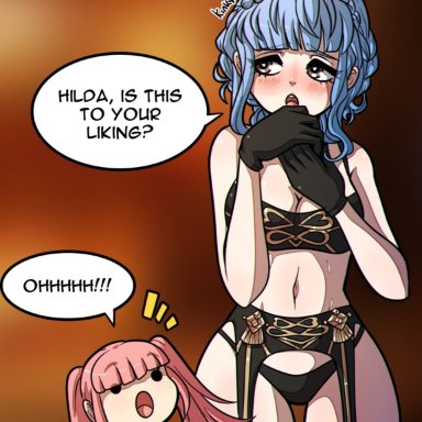 blush, breasts, fire emblem, fire emblem: three houses, hilda (fire emblem), kinkymation, light blue hair, lingerie, marianne (fire emblem), marianne von edmund, pink hair, thigh gap, underwear