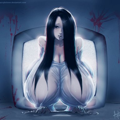 1girls, acrylictoon, all fours, alternate breast size, big breasts, big nipples, black hair, blood, breasts, cleavage, deviantart, dress, eye contact, female, ghost