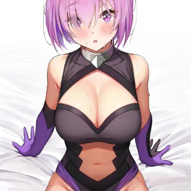 ameyame, blush, cleavage, elbow gloves, eyebrows visible through hair, eyes visible through hair, gloves, leotard, mash kyrielight, pink hair, purple eyes, sweat