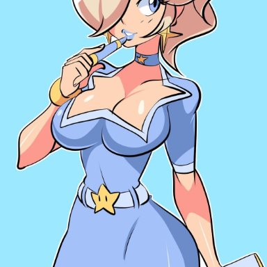 belt, belt buckle, bigdeadalive, blonde hair, blue eyes, blue lipstick, buckle, choker, dress, earrings, female, formal, hair over one eye, large breasts, lips