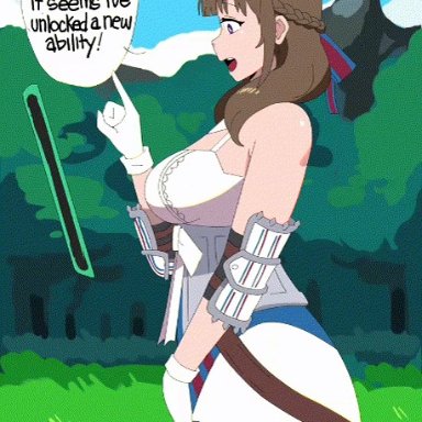 1girls, animated, areolae, armor, belly, belly expansion, belt, blush, breast expansion, breast jiggle, brown hair, clothing, dr-worm, dress, female