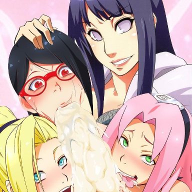 1boy, 4girls, age difference, ahe gao, big penis, black hair, blonde hair, blowjob, blue hair, blush, boruto: naruto next generations, bottomless, bs editor, busty, collaborative fellatio