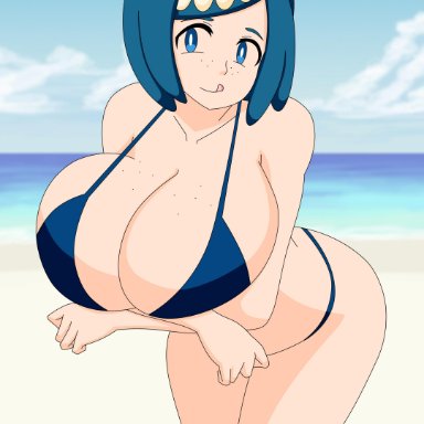 1girls, alternate breast size, alternate outfit, arms under breasts, ass, beach, bent over, bikini, blue background, blue bikini, blue eyes, blue hair, breasts, bursting breasts, cleavage