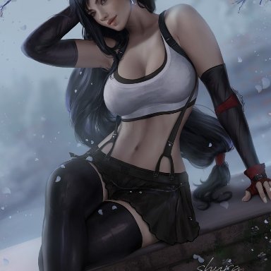 1girls, abs, big breasts, breasts, cleavage, female, female only, final fantasy, final fantasy vii, large breasts, looking at viewer, pinup, shurakrgt, solo, tifa lockhart