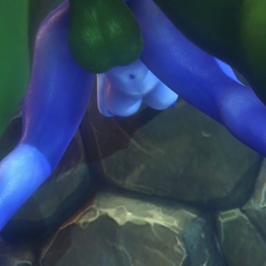 1boy, 1girls, 3d, animated, areolae, balls, bent over, big breasts, bouncing breasts, breasts, draenei, erect nipples, erection, female, from behind