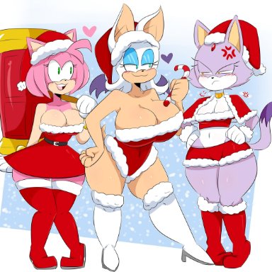 3girls, amy rose, anthro, bat, bat wings, big breasts, blaze the cat, cat ears, cat humanoid, cat tail, christmas, cleavage, female, female only, furry