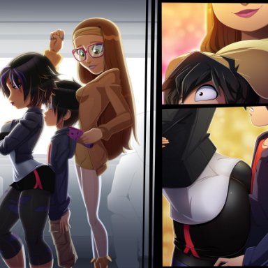 1boy, 2girls, ass, big ass, big breasts, big hero 6, breasts, cleavage, female, gogo tomago, hiro hamada, honey lemon, large breasts, male, ravenravenraven