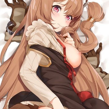 animal ear fluff, animal ears, ass, blush, breasts, breasts out of clothes, brown hair, collar, cuddly octopus, dress, female, hair between eyes, hair tubes, hand on own ass, juliet sleeves