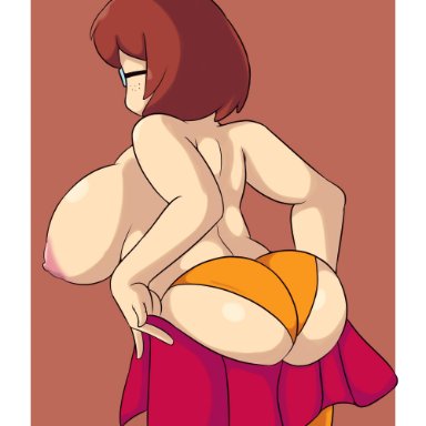 ass, big breasts, brown hair, female, female only, glasses, huge ass, huge breasts, iggy-bomb, panties, scooby-doo, simple background, skirt, skirt pull, socks