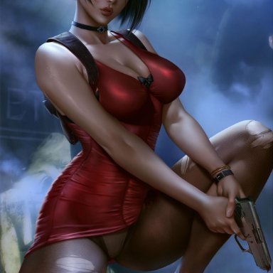 ada wong, asian, female, female only, highres, holding gun, logan cure, looking at viewer, medium breasts, panties, resident evil, resident evil 2, solo