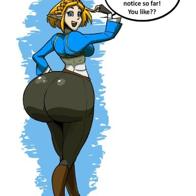 1girls, ass focus, blonde hair, braided hair, bubble butt, elf, french braid, huge ass, hyper, hyper ass, impossible clothes, looking back, pointy ears, presenting hindquarters, princess zelda