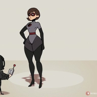 2girls, animated, bodysuit, breast expansion, breast growth, brown hair, edna mode, elastigirl, expansion, fallen down, gigantic breasts, growth, helen parr, huge breasts, remote