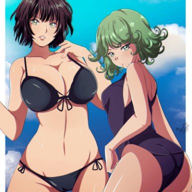 2girls, big ass, big breasts, bikini, fubuki (one-punch man), green eyes, green hair, onepunch man, tatsumaki