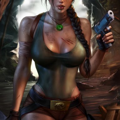 1girls, brown eyes, brown hair, female, female only, highres, holding gun, lara croft, logan cure, looking at viewer, medium breasts, ponytail, standing in water, tomb raider, tomb raider reboot