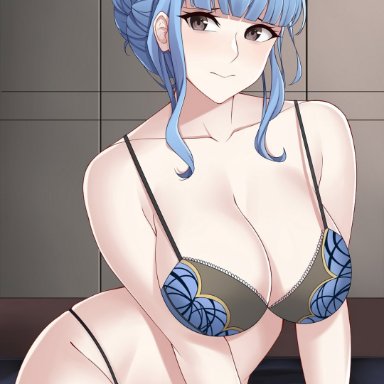 aslindsamure, big breasts, black eyes, blue and black bra, blue and yellow panties, blue hair, bra, embarrassed, fire emblem, fire emblem: three houses, long hair, marianne (fire emblem), marianne von edmund, nice body, panties