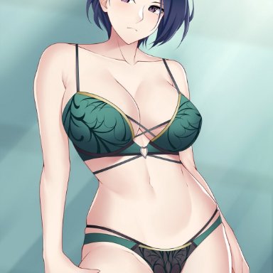 aslindsamure, big breasts, blue hair, blush, bra, female, female only, fire emblem, fire emblem: three houses, green and black panties, green bra, mature female, nintendo, panties, purple eyes