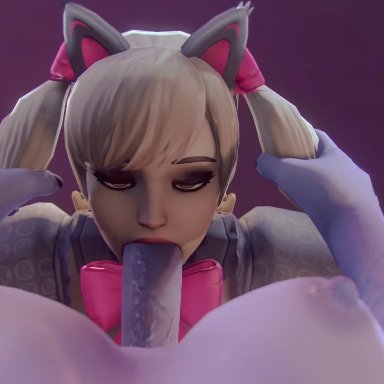 1futa, 3d, alternate costume, animation, asian, asian female, black cat d.va, blizzard entertainment, blonde hair, blowjob, blue skin, boobs, bow, breasts, brown eyes