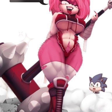 1girls, amy rose, anthro, big breasts, breasts, clothed, clothing, english text, female, female only, from below, furry, looking down, picturd, piko piko hammer