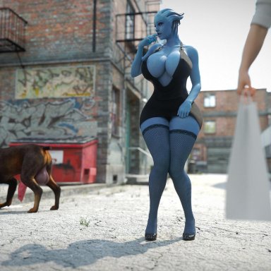 1girls, 2boys, 3d, animal genitalia, asari, big penis, blender, breasts, canine, canine penis, cleavage, dog, domestic dog, erection, female