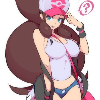 ?, 1girls, alternate breast size, arms, bare arms, bare shoulders, belly, big breasts, blue eyes, breasts, brown hair, eye contact, hat, hilda (pokemon), humans of pokemon