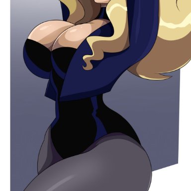 big breasts, black canary, blonde hair, blue eyes, choker, dc, dinah lance, justice league, justice league unlimited, leotard, long hair, mature female, mini jacket, muscular thighs, sonson-sensei