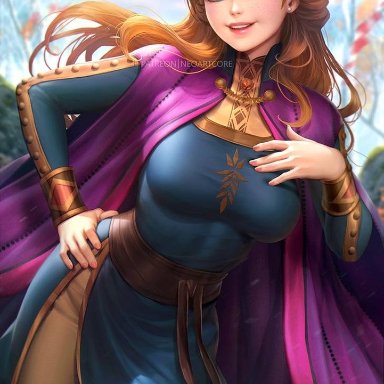 1girls, anna (frozen), big breasts, blue eyes, breasts, brown hair, disney, female, female only, frozen (movie), long hair, looking at viewer, neoartcore, royalty, smile