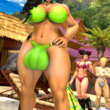 1futa, 2girls, 3d, abs, absurdres, balls, balls in panties, beach, big balls, big breasts, big bulge, big penis, big thighs, black hair, bra