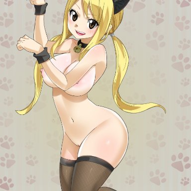 big breasts, blonde hair, brown eyes, catwoman, fairy tail, gaston18, lucy heartfilia, pussy, smile, stockings