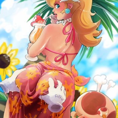 angry, ass, ass grab, bikini, blonde hair, blush, female, hand on ass, hands, looking back, nintendo, princess, princess peach, sunglasses, sunglasses on head