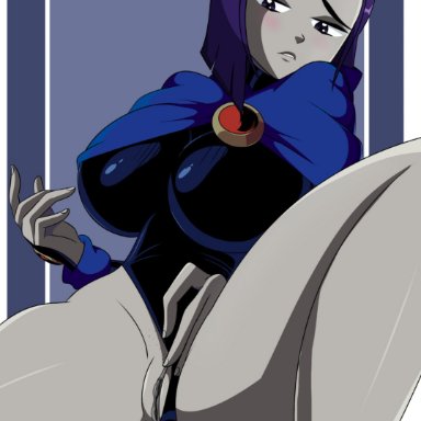 big breasts, black eyes, blush, blushing, cloak, dc, female, female only, gem on head, half demon, leotard, masturbation, pale-skinned female, purple hair, pussy