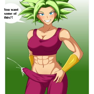 cryptex, dickgirl, dragon ball, dragon ball super, futanari, green hair, intersex, kefla, looking at viewer, sexy, smile, super saiyan