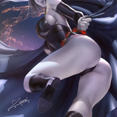 big ass, big breasts, blue hair, boots, cloak, clothed, dc, female, female only, gem on head, half demon, pale-skinned female, rachel roth, raven, short hair