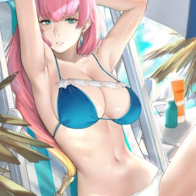 [email protected], armpits, arms up, beach, belly, belly button, big breasts, bikini, blue earrings, blue eyes, breasts, clothing, drink, earrings, fire emblem
