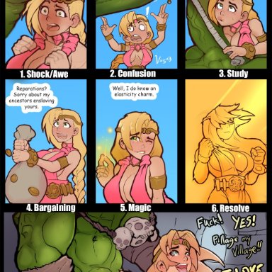 7 stages of big dick, big breasts, blonde hair, fantasy, green skin, huge cock, markydaysaid, ogre, stomach bulge