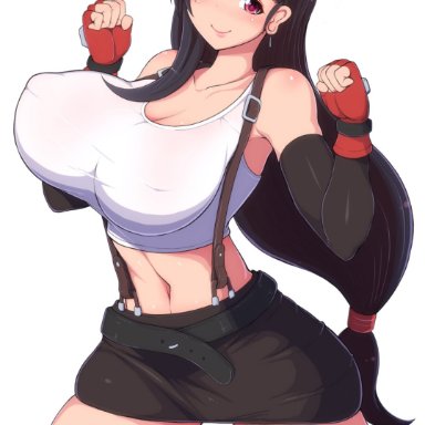 big breasts, black hair, earring, female, female only, final fantasy, final fantasy vii, fingerless gloves, hourglass figure, long hair, nipples, nipples visible through clothing, ponpoppo, ponytail, red eyes