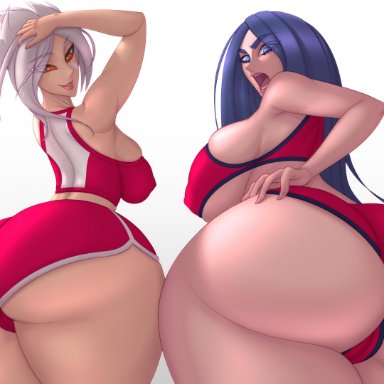 2girls, absurdres, ass, big breasts, breasts, cleavage, female, female only, highres, huge ass, huge breasts, irelia, large breasts, league of legends, looking at viewer
