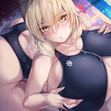 artoria pendragon (all), artoria pendragon (lancer alter), ass, blonde hair, blush, breast hold, breasts, bursting breasts, butt crack, cleavage, fate (series), fate/grand order, hirasawa seiji, huge breasts, japanese text