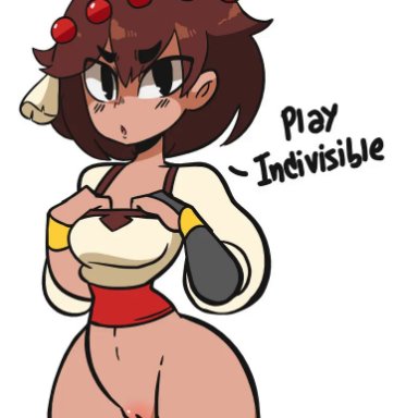 ajna (indivisible), animated, beads, bottomless, brown hair, brown skin, diives, exposed breasts, exposing, indivisible, subtitles, tagme, webm, white background