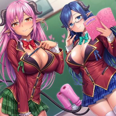 2girls, 4:3 aspect ratio, bangs, between legs, blue eyes, blue hair, blush, book, bow, bowtie, breasts, cameltoe, chalkboard, classroom, cleavage