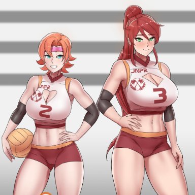 2girls, absurdres, aestheticc-meme, big breasts, breasts, cleavage, female, female only, highres, large breasts, looking at viewer, nora valkyrie, pyrrha nikos, rwby