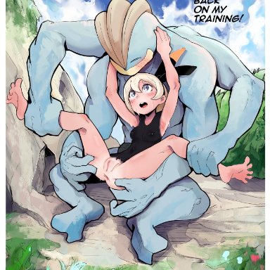 1boy, 1girls, anus, armpits, arms up, ass, ass grab, barefoot, bea (pokemon), blue skin, blue sky, blush, bodysuit, bow, clothed female nude male