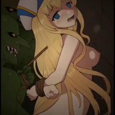 animated, blonde hair, blue eyes, bondage, empty eyes, goblin, goblin slayer, priestess (goblin slayer), rape