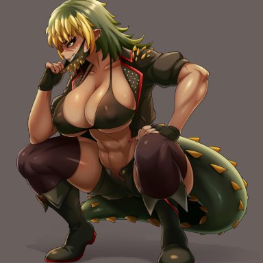 1girls, abs, big breasts, breasts, cleavage, deviljho, female, female only, human, humanized, jmg, large breasts, looking at viewer, monster hunter, monster hunter world