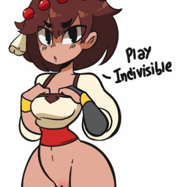 1girls, ajna (indivisible), animated, beads, bottomless, breasts, brown hair, brown skin, diives, exposed breasts, exposing, female, female only, indivisible, looking at viewer