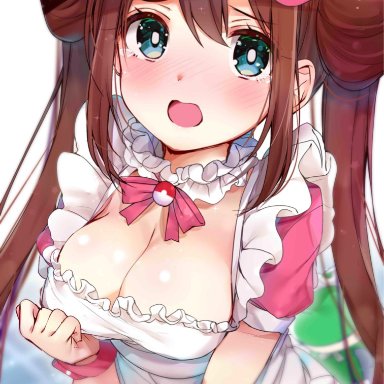 :o, 1girls, absurd res, alternate breast size, alternate costume, alternate outfit, apron, apron tug, bangs, blue eyes, blurry, blush, breasts, brown hair, cleavage