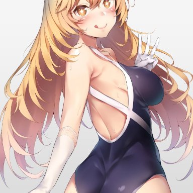 :q, + +, ass, back, bangs, bare back, blonde hair, blush, breasts, closed mouth, competition school swimsuit, competition swimsuit, cowboy shot, elbow gloves, eyebrows visible through hair